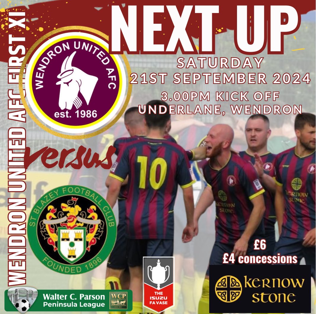 Wendron United AFC (@wendronutdafc) on Twitter photo ๐ง๐ผ๐บ๐ผ๐ฟ๐ฟ๐ผ๐ ๐๐ต๐ฒ ๐๐ ๐ฉ๐ฎ๐๐ฒ ๐ฟ๐ฒ๐๐๐ฟ๐ป๐
We host <a href="/StBlazeyAFC/">St Blazey AFC</a> in the next round of the FA Vase, kicking off at 3pm.
You can read our match preview here:
wendronunitedafc.co.uk/news/Match-Preโฆ
Please not entry prices of ยฃ6/ยฃ4 tomorrow
๐
<a href="/FAVaseHQ/">FA Vase HQ</a>
<a href="/favasefactfile/">FA Vase Factfile</a> ๐ง๐ผ๐บ๐ผ๐ฟ๐ฟ๐ผ๐ ๐๐ต๐ฒ ๐๐ ๐ฉ๐ฎ๐๐ฒ ๐ฟ๐ฒ๐๐๐ฟ๐ป๐
We host <a href="/StBlazeyAFC/">St Blazey AFC</a> in the next round of the FA Vase, kicking off at 3pm.
You can read our match preview here:
wendronunitedafc.co.uk/news/Match-Preโฆ
Please not entry prices of ยฃ6/ยฃ4 tomorrow
๐
<a href="/FAVaseHQ/">FA Vase HQ</a>
<a href="/favasefactfile/">FA Vase Factfile</a>