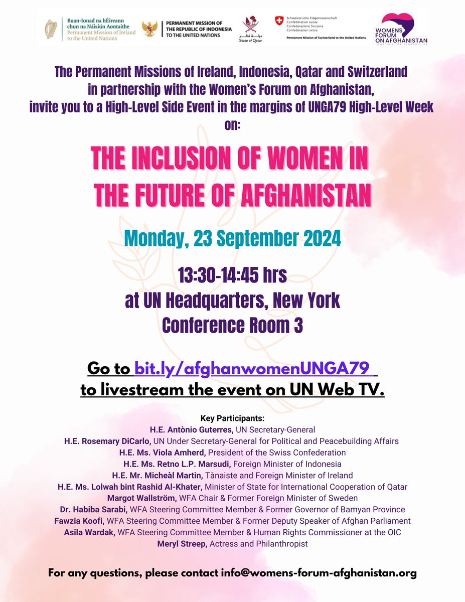 Women's Forum on Afghanistan (@4afghanwomen) on Twitter photo The event will include remarks byUN SG,President of Switzerland &other high
level representatives@QatarAtUN<a href="/IrishMissionUN/">Ireland at UN</a> <a href="/Fawziakoofi77/">Fawzia Koofi</a> <a href="/AsilaA/">@WardakA</a> <a href="/swiss_un/">SwitzerlandUN</a><a href="/Menlu_RI/">Menteri Luar Negeri Republik Indonesia</a> <a href="/SarabiHabiba/">Habiba Sarabi</a> <a href="/DicarloRosemary/">Rosemary A. DiCarlo</a><a href="/margotwallstrom/">Margot Wallström</a> The event will include remarks byUN SG,President of Switzerland &other high
level representatives@QatarAtUN<a href="/IrishMissionUN/">Ireland at UN</a> <a href="/Fawziakoofi77/">Fawzia Koofi</a> <a href="/AsilaA/">@WardakA</a> <a href="/swiss_un/">SwitzerlandUN</a><a href="/Menlu_RI/">Menteri Luar Negeri Republik Indonesia</a> <a href="/SarabiHabiba/">Habiba Sarabi</a> <a href="/DicarloRosemary/">Rosemary A. DiCarlo</a><a href="/margotwallstrom/">Margot Wallström</a>