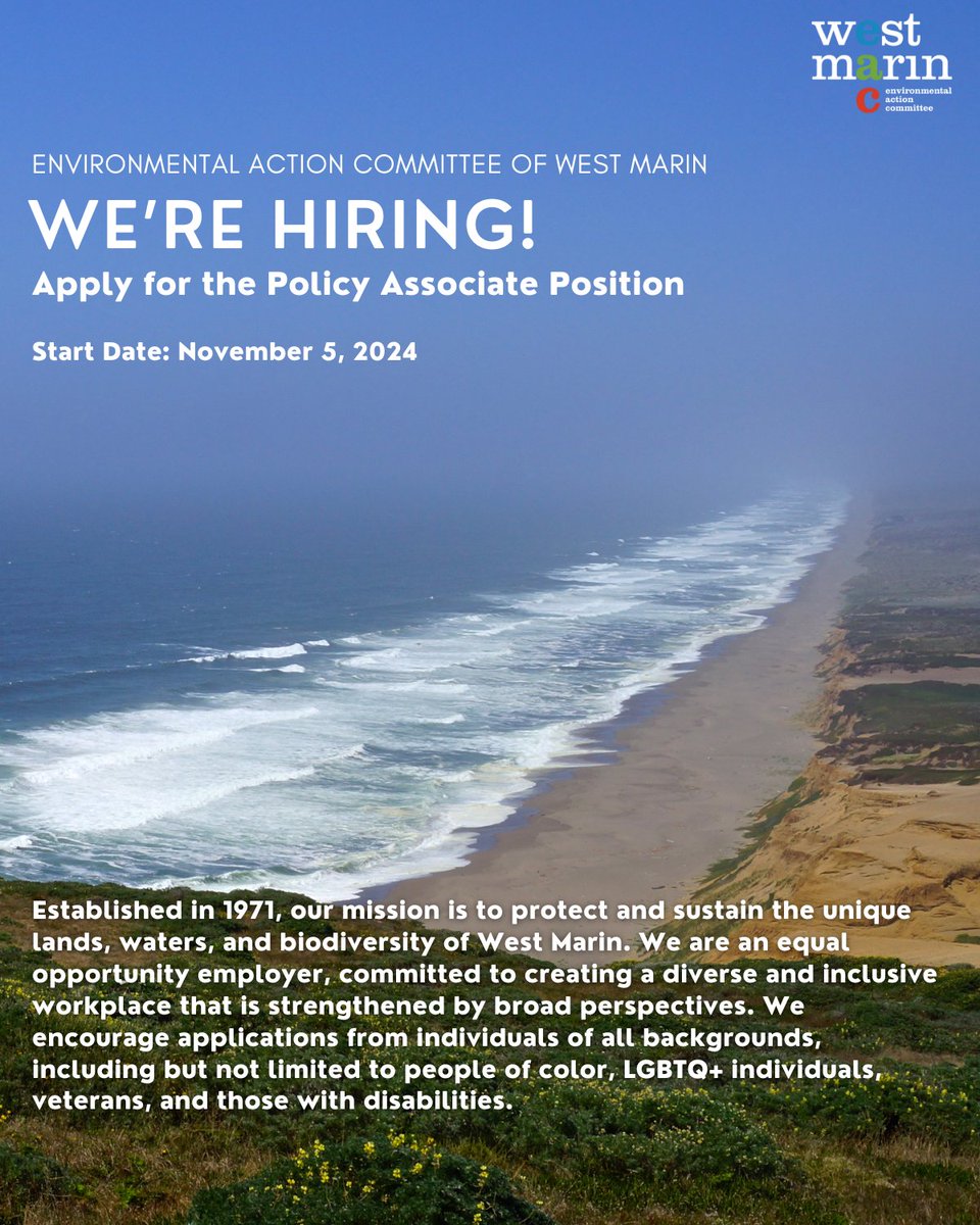 EAC is hiring a Policy Associate, who performs research, analysis, advocacy, communications, and program management, which is vital in furthering EAC’s mission.
Learn More &amp; Apply through the link in our bio or eacmarin.org/joinourteam
#EACWestMarin #EAC