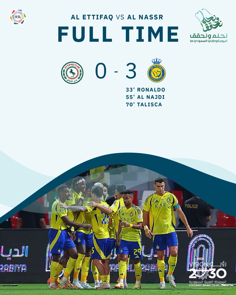 SPL_EN's tweet photo. FT: Al Ettifaq 0-3 Al Nassr
A commanding away win to kick off the Pioli era, with goals from @Cristiano, Al Najdi and @talisca_aa ๐ช
#ETFNAS | #SaudiNationalDay | #RoshnSaudiLeague https://t.co/hxlLoEPoYl