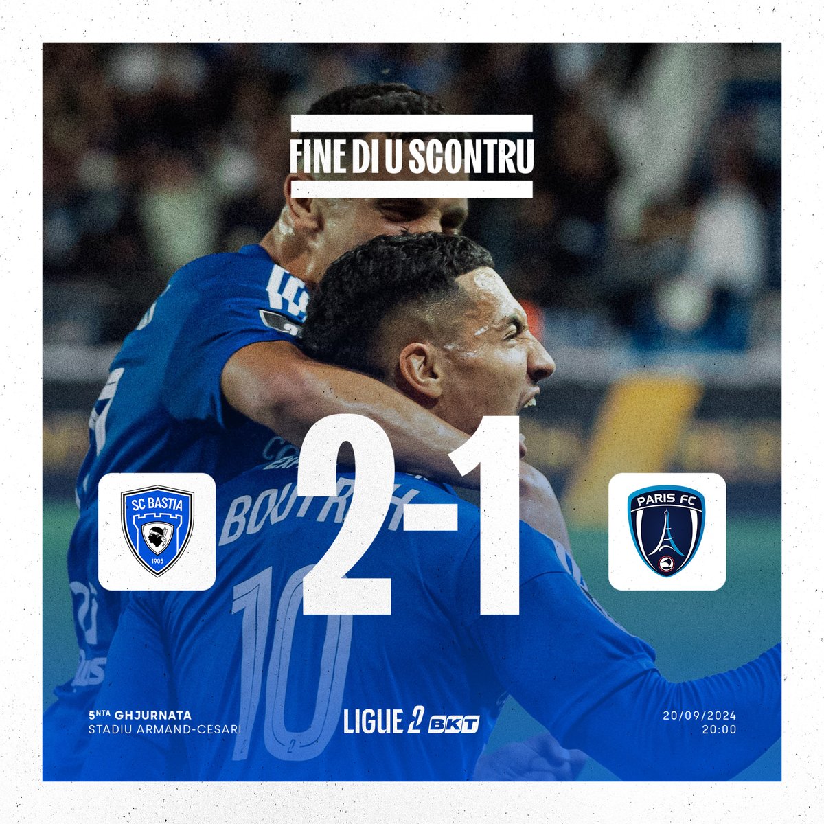 SCBastia's tweet photo. 90' 🔚

HÈ COMPIU !! VITTORIA BASTIACCIA !! 👊

Furiani in 🔥 per sta serata di scemi ! 🤯 U Sporting hè primu di u campiunatu sta sera ! 💪

⚽️ Boutrah 21'
⚽️ Cissé 35'

#SCBPFC | 2️⃣-1️⃣ https://t.co/juWc29HcKz