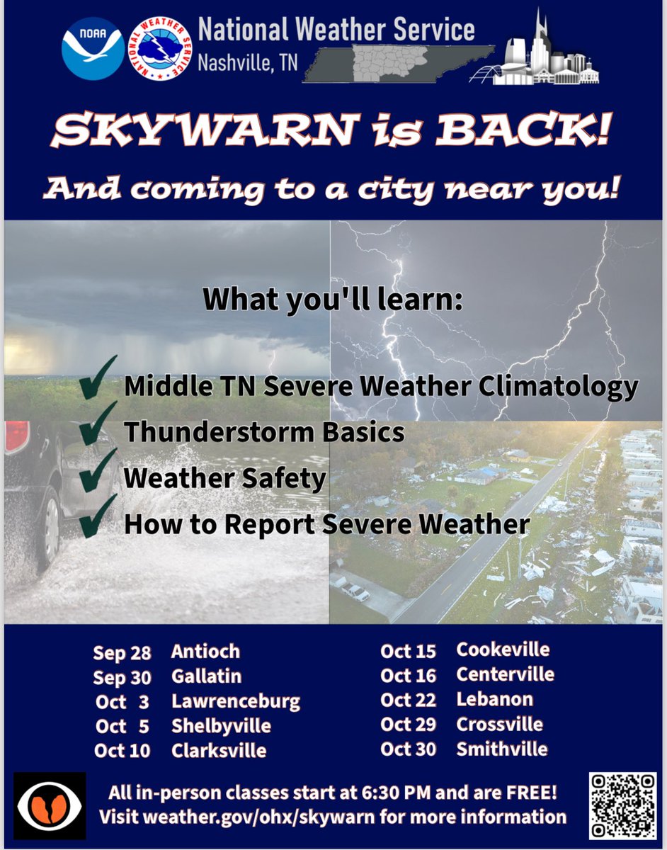 National Weather Service Skywarn is back to doing in person classes this year! If you want to learn more about the weather, safety and how to report severe weather, please attend a class to your nearest location!