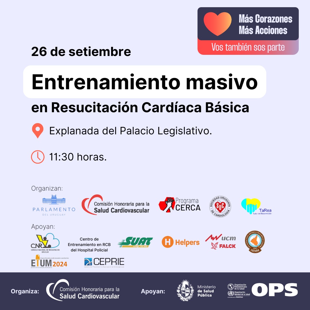 Comisión Cardiovascular (@cardiosaluduy) on Twitter photo Agenda de actividades oficiales de la #SemanaDelCorazón ❤️
Entrenamiento masivo en #ResucitaciónCardíacaBásica.
¡Los esperamos!
<a href="/ParlamentoUY/">Parlamento Uruguay</a> <a href="/SUC_cardiologia/">Sociedad Uruguaya de Cardiología</a> <a href="/SUATcontigo/">SUAT contigo</a> <a href="/helpers_plus/">Helpers</a> <a href="/SEMM_Emergencia/">SEMM</a> <a href="/ceprieuy/">CEPRIE</a> <a href="/LauraGarreCastr/">Laura Garré</a> <a href="/Doc_AleCuesta/">Alejandro Cuesta</a> <a href="/ArielduranDr/">Ariel Durán Reyes</a> Agenda de actividades oficiales de la #SemanaDelCorazón ❤️
Entrenamiento masivo en #ResucitaciónCardíacaBásica.
¡Los esperamos!
<a href="/ParlamentoUY/">Parlamento Uruguay</a> <a href="/SUC_cardiologia/">Sociedad Uruguaya de Cardiología</a> <a href="/SUATcontigo/">SUAT contigo</a> <a href="/helpers_plus/">Helpers</a> <a href="/SEMM_Emergencia/">SEMM</a> <a href="/ceprieuy/">CEPRIE</a> <a href="/LauraGarreCastr/">Laura Garré</a> <a href="/Doc_AleCuesta/">Alejandro Cuesta</a> <a href="/ArielduranDr/">Ariel Durán Reyes</a>