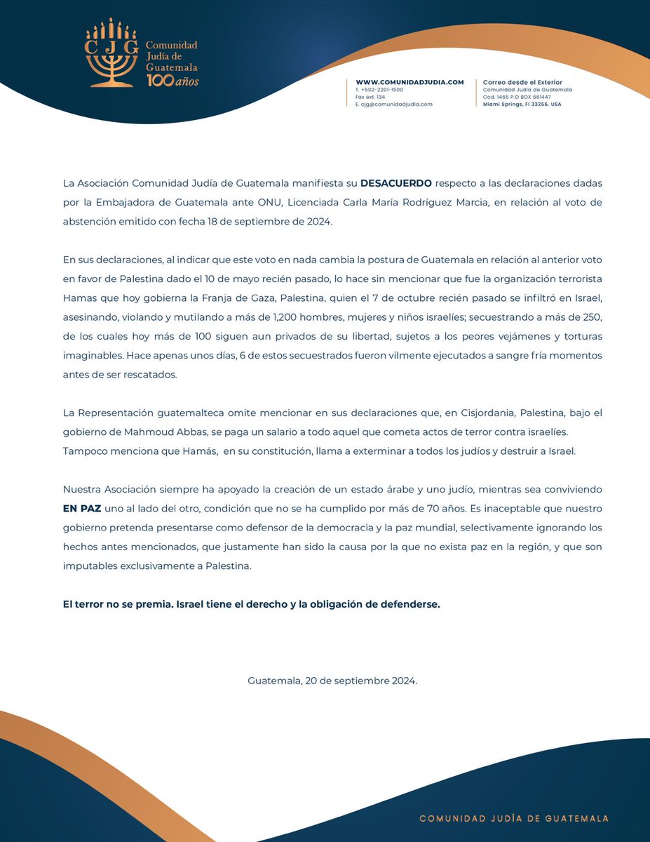 cjggt's tweet photo. Postura de la Comunidad Judía de Guatemala ante las declaraciones de la Embajadora de Guatemala en la ONU https://t.co/b2tXM2VOWz