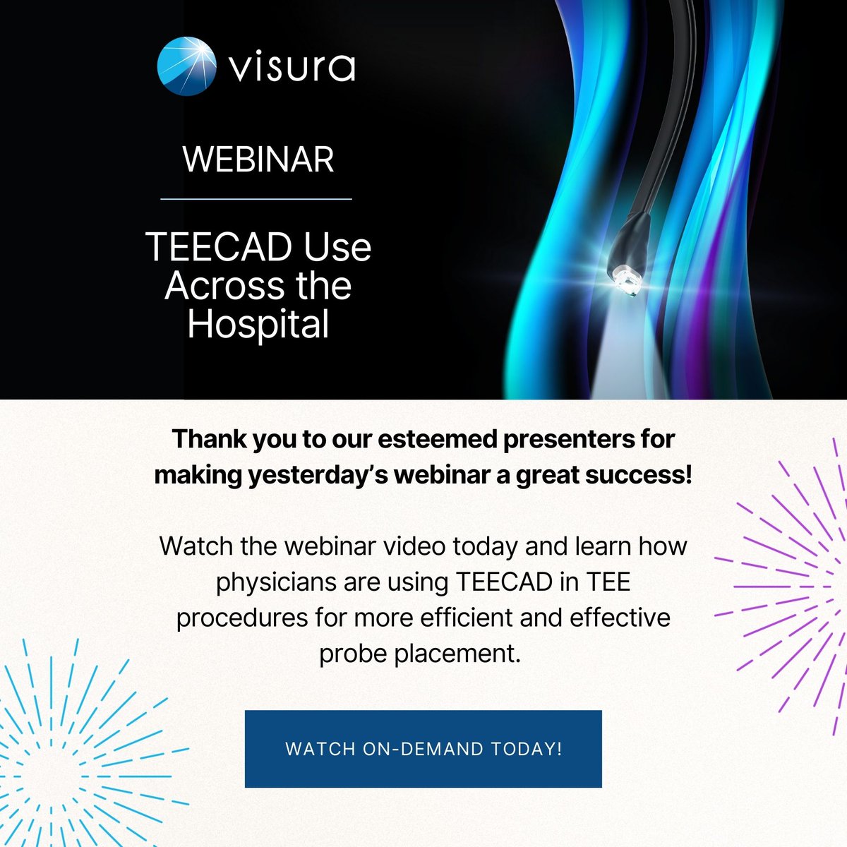 visuratech's tweet photo. Thank you to our esteemed presenters yesterday for their preparation and participation in our TEECAD Across the Hospital webinar. Watch the webinar on-demand at https://t.co/8yBjcfvq6c
@OKhaliqueMD Sunil Mankad, MD Chad Olinger, MD #ASE360 #TEE #TEECAD #echocardiology #echo https://t.co/Be4X4vyG3l