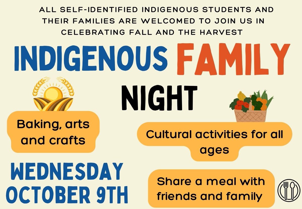 All self-identified Indigenous students and families, please join us in celebrating the fall harvest Weds. Oct. 9 5:30-7:30pm at Kingston East Community Centre.  Connect with other Indigenous families, find out what is happening in the community. Ask your school for details.