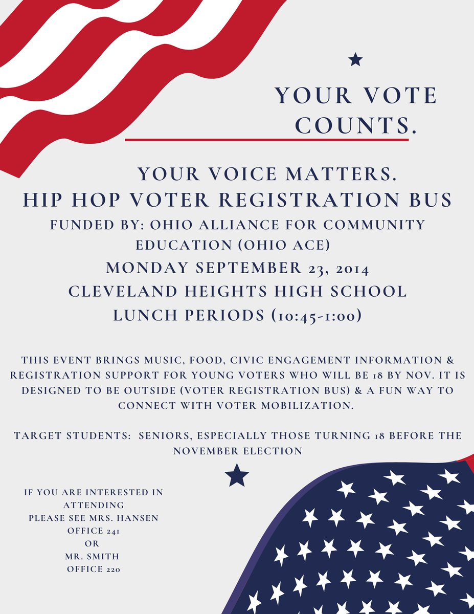 Heights High students – your voice and vote matters! 🐯🗳️

On September 23 and 25 students who are or will be 18 by the November election will have the opportunity to complete their voter registration during their lunch period to participate in the upcoming election.