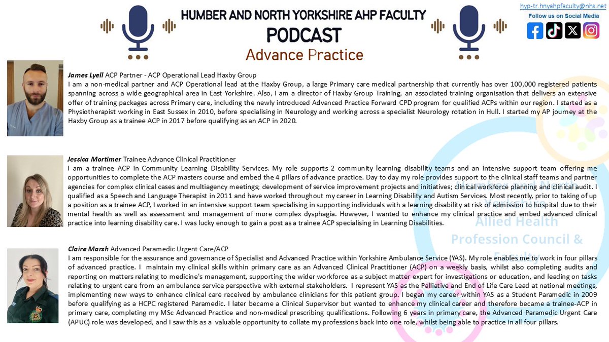HNYAHPFaculty&Council (@hnyahpfaculty) on Twitter photo 📢We are hosting our first Podcast series, launching on AHP Day! Speaking on Advance Practice, we will be welcoming James Lyell, Jessica Mortimer and Claire Marsh Got a question for our panel? Email hyp-tr.hnyahpfaculty@nhs.net or comment below 📢We are hosting our first Podcast series, launching on AHP Day! Speaking on Advance Practice, we will be welcoming James Lyell, Jessica Mortimer and Claire Marsh Got a question for our panel? Email hyp-tr.hnyahpfaculty@nhs.net or comment below