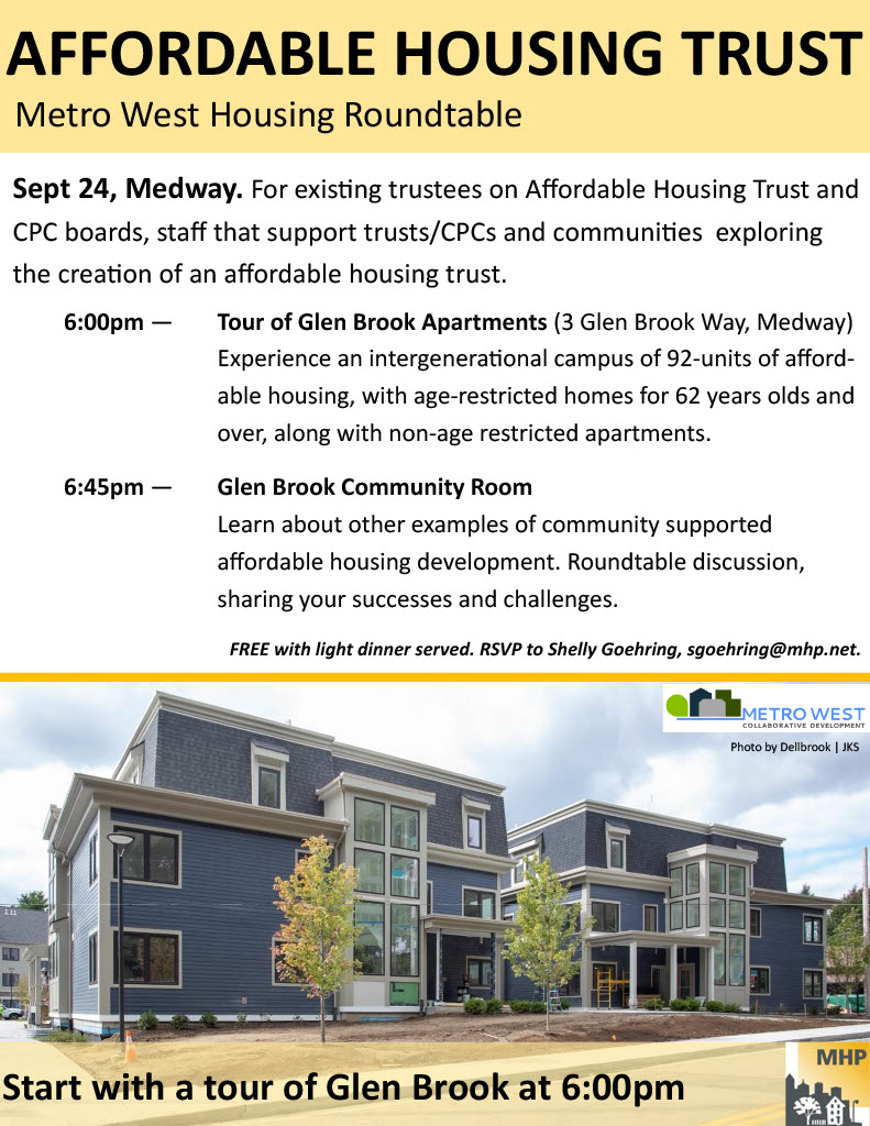 Join <a href="/mhphousing/">MHP</a> Roundtable on September 24th at Metro West CD's Glen Brook Way campus! Learn how Metro West CD and Medway leadership worked closely together to deliver these 92 new affordable rental homes.🏡RSVP with Shelly Goehring at sgoehring@mhp.net—only a few days left!