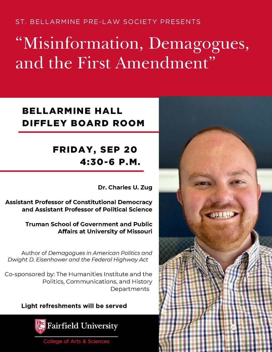 Kinder Institute on Constitutional Democracy (@mudemocracy) on Twitter photo We're wrapping up the week with another Constitution Day lecture at <a href="/FairfieldU/">Fairfield University 🦌</a>. If you're in the area, you won't want to miss Dr. Charles Zug's presentation, "Misinformation, Demagogues, and the First Amendment". We're wrapping up the week with another Constitution Day lecture at <a href="/FairfieldU/">Fairfield University 🦌</a>. If you're in the area, you won't want to miss Dr. Charles Zug's presentation, "Misinformation, Demagogues, and the First Amendment".