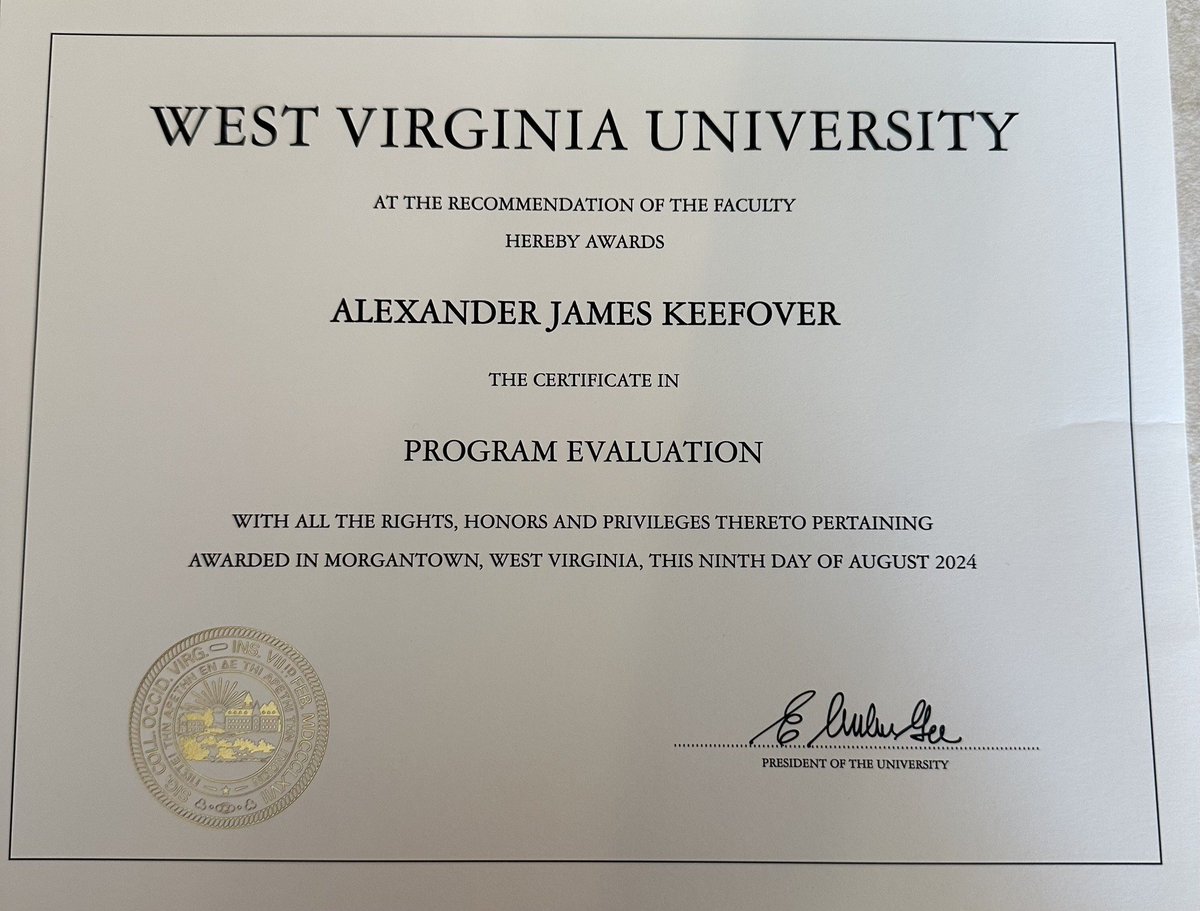 I've been doing so much graduate work for the past four years. It is so nice to have a little something to show for it! I'm happy to share that I've obtained a new certificate: a Graduate Certificate in Program Evaluation from <a href="/WestVirginiaU/">WVU Mountaineers · Let’s Go!</a> Next stop - doctorate competency exam.