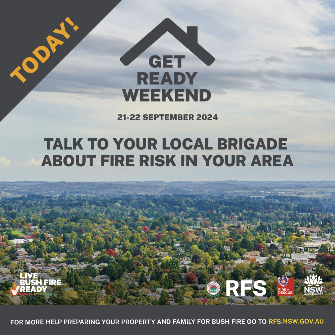 NSWRFS's tweet photo. It’s #GetReadyWeekend! RFS brigades are opening their doors to discuss the upcoming fire season. With more than 450 events across the state, our firefighters are ready to help you prepare. Find an event near you at https://t.co/kcvDKrMI8T https://t.co/b07a38YWrE