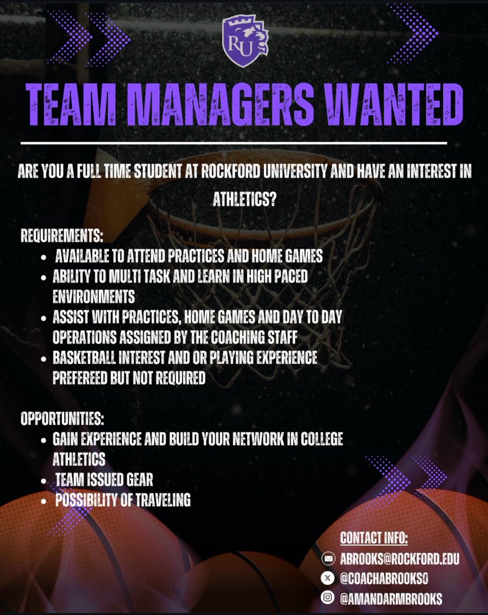 Rockford WBB (@rockfordwbb) on Twitter photo Women's basketball is looking for team managers!!
If interested, please contact Coach Amanda Brooks
abrooks@rockford.edu Women's basketball is looking for team managers!!
If interested, please contact Coach Amanda Brooks
abrooks@rockford.edu