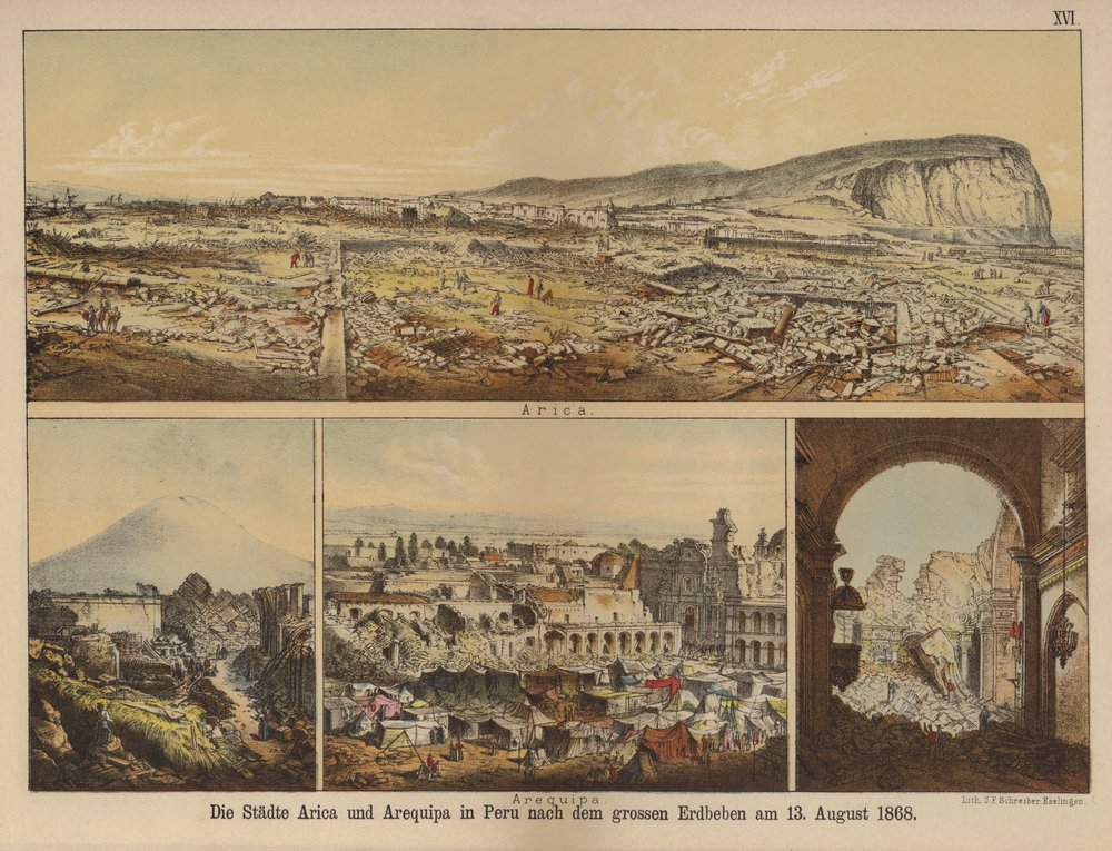Las ciudades de Arica y Arequipa en el Perú después del gran terremoto del 13 de agosto de 1868, grabado alemán.