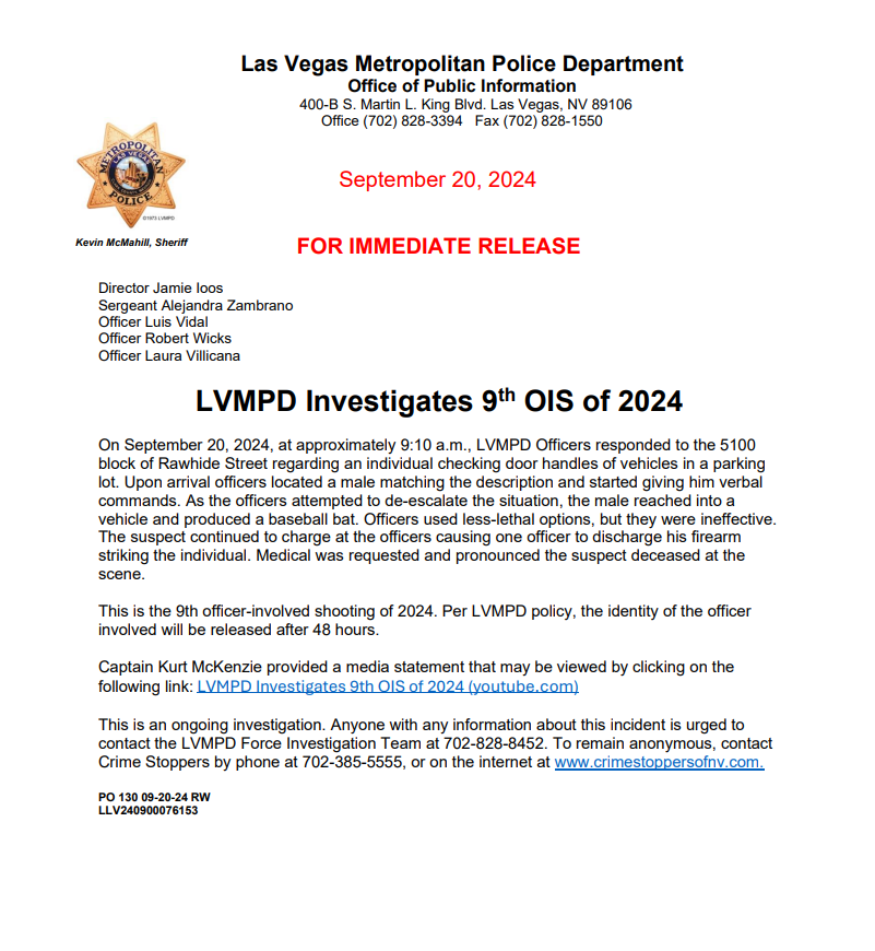 LVMPD's tweet photo. Please see below for more information on an officer involved shooting that occurred September 20, 2024, near Nellis &amp; Russell. https://t.co/eAXmm2lLnr