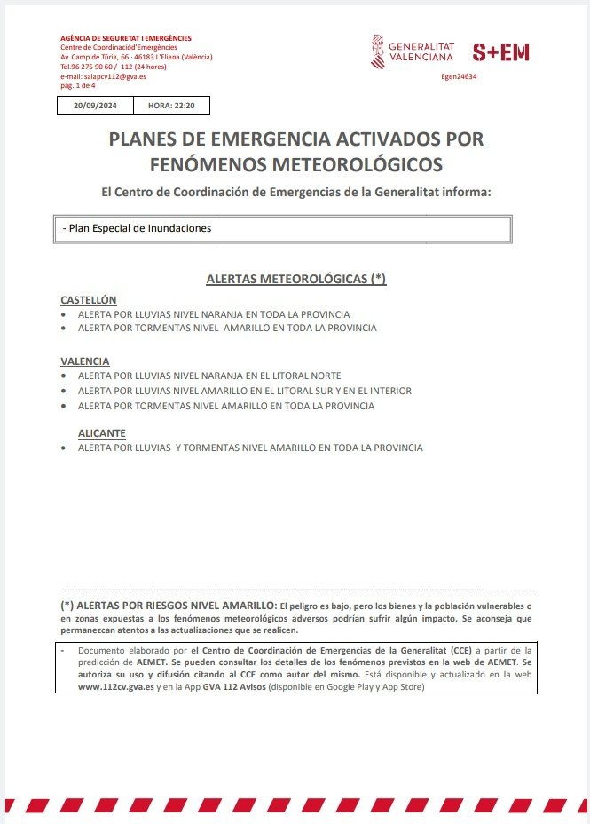 GVA112's tweet photo. (22:20 h.)🌧️El Centro de Coordinación de Emergencias de la @generalitat actualiza los avisos por fenómenos meteorológicos y establece:

🟠🌧️Alerta nivel naranja por lluvias en toda la provincia de Castellón y en el litoral norte de Valencia.

🟡🌧️Alerta nivel amarillo por lluvias en el interior y litoral sur de Valencia y en toda la provincia de Alicante.

🟡⛈️Alerta nivel amarillo por tormentas en toda la provincia de Alicante, Castellón y Valencia.

➕INFO👇