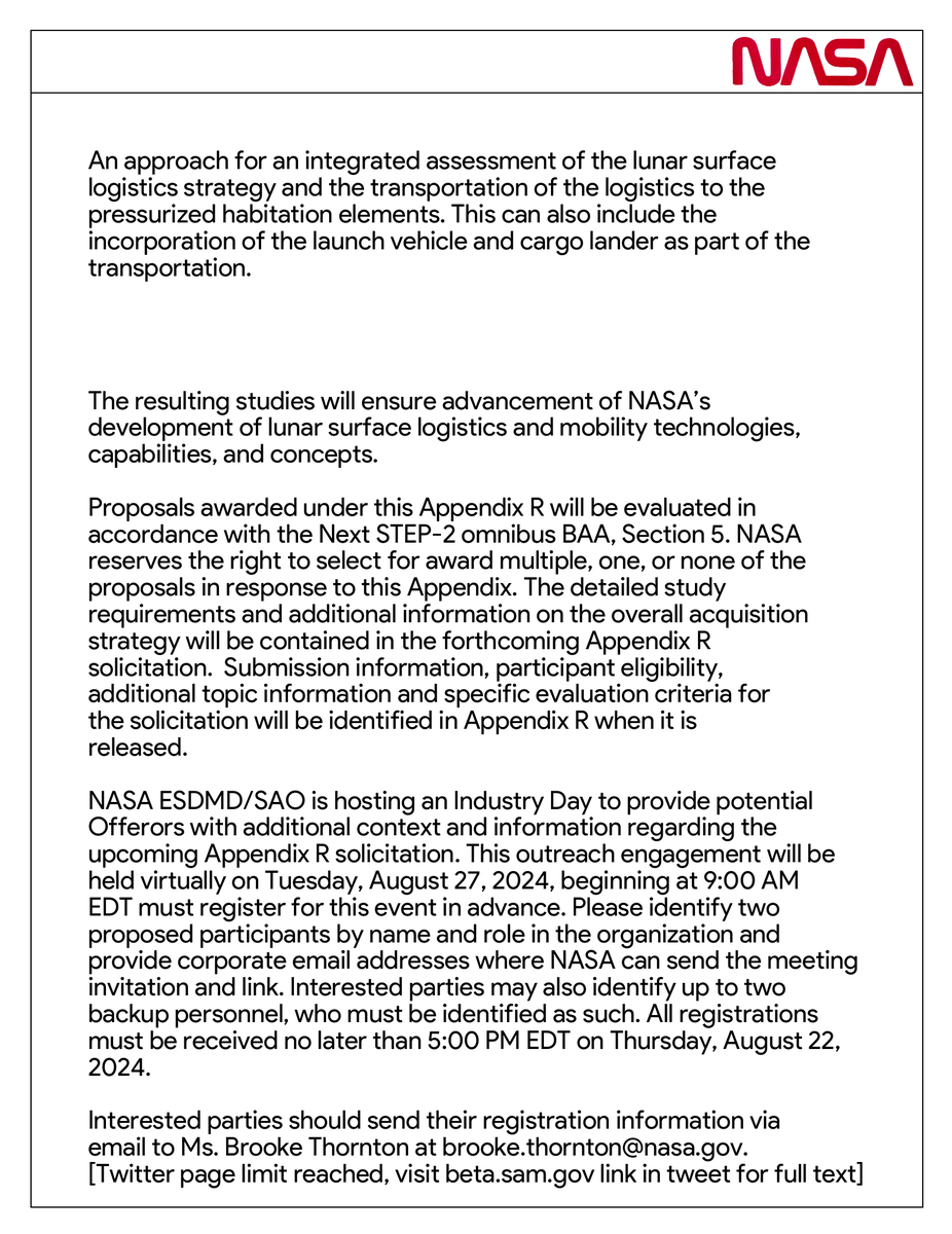 NASA Headquarters requests information from industry regarding "Next Space Technologies for Exploration Partnerships (NextSTEP-2)  Broad Agency Announcement (BAA) Appendix R: Lunar Logistics and Mobility Studies" for a possible future bid. See: sam.gov/opp/980c0ea10a…