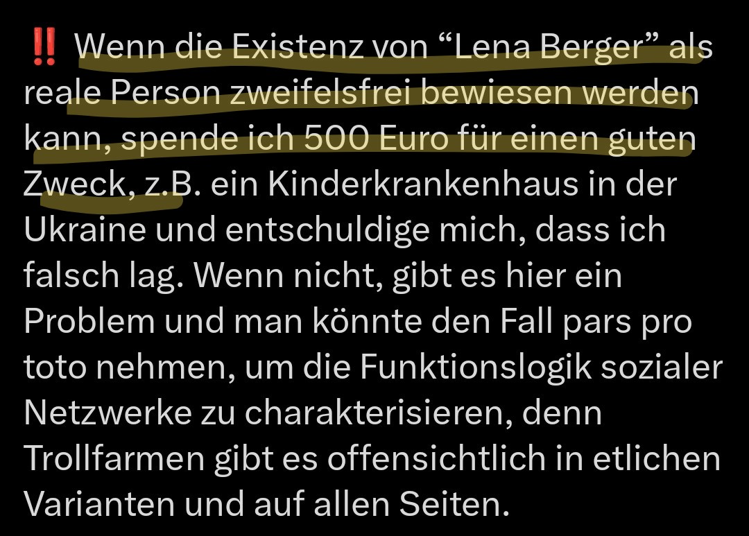 500 Euro für ein Kinderkrankenhaus in der Ukraine zu spenden, hatte #Varwick angekündigt. Jetzt, wo die Existenz von "Lena Berger" als reale Person bewiesen ist, windet er sich. Das ist so peinlich und erbärmlich, dass es weh tut.