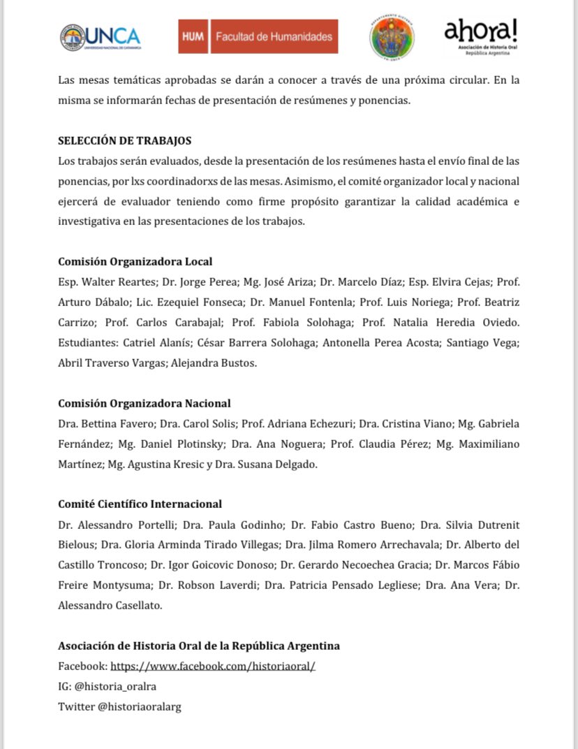 ‼️XVI Encuentro Nacional y X Congreso Internacional de Historia Oral “Testimonios, memorias y resistencias en tiempos de negacionismo” 
📆 13 al 15/8/2025
👩🏻‍💻propuestas de Mesas Temáticas hasta el 19 de noviembre de 2024