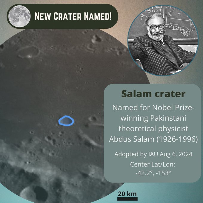 Image of a crater circled in blue on the left and a photo of Abdus Salam in the upper right with text on the lower right that reads "Salam crater named for Nobel Prize-winning Pakistani theoretical physicist Abdus Salam (1926-1996) Adopted by IAU Aug. 6, 2024"