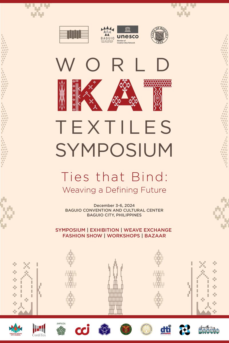 philippinesusa's tweet image. World Ikat Textiles Symposium (WITS) 2024
📅 December 3-6, 2024
📍 Baguio Convention and Cultural Center, Baguio City, Philippines
Baguio City, Philippines

#WITS2024BaguioPh #WorldIkat #ikat #WeavingCommunity