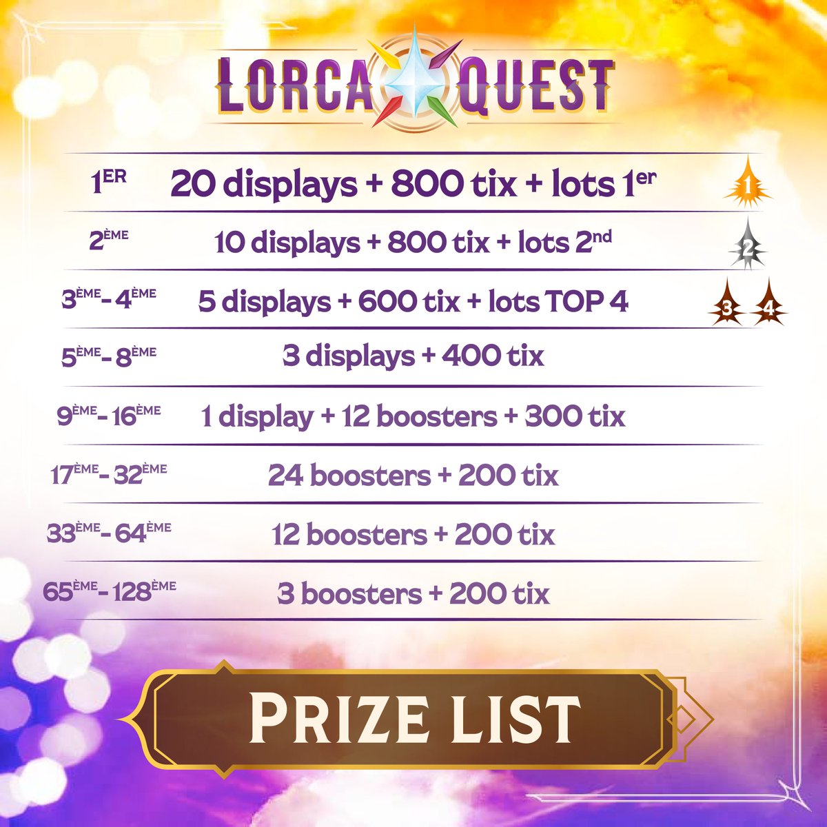 🎉Récompenses du Tournoi Lorcana au Lorcaquest ! 🎉Nous sommes ravis de vous dévoiler les lots minimum garantis !  Tous les participants recevront également 3 cartes aléatoires exclusives, dessinées par les illustrateurs Lorcana et imprimées en série limitée de 500 exemplaires.
