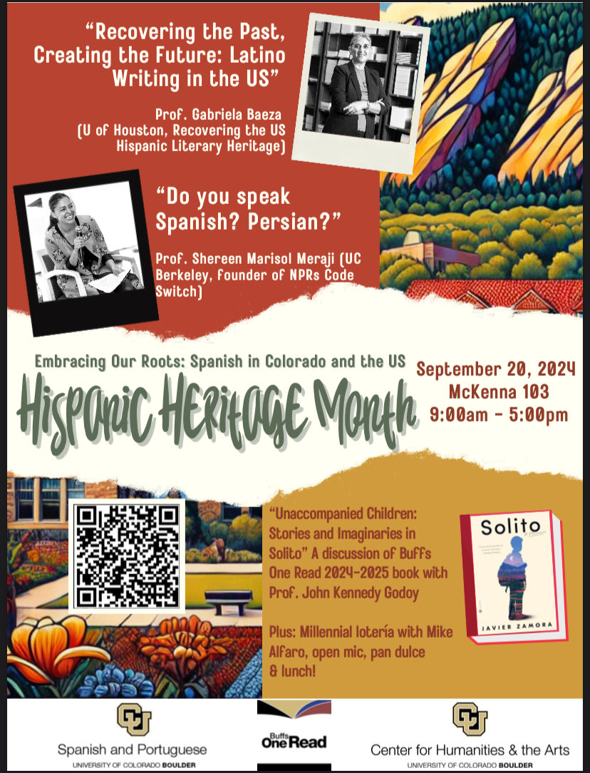 APPRecovery's tweet image. From left to right: Shereen Marisol Meraji (⁦@NPRCodeSwitch⁩ ) and Gabi Baeza (Deputy Director of ⁦@artepublico⁩ , co-director of #USLDH) present at the University of Colorado Boulder on Embracing Our Roots: Spanish in Colorado and the US for #HispanicHeritageMonth.