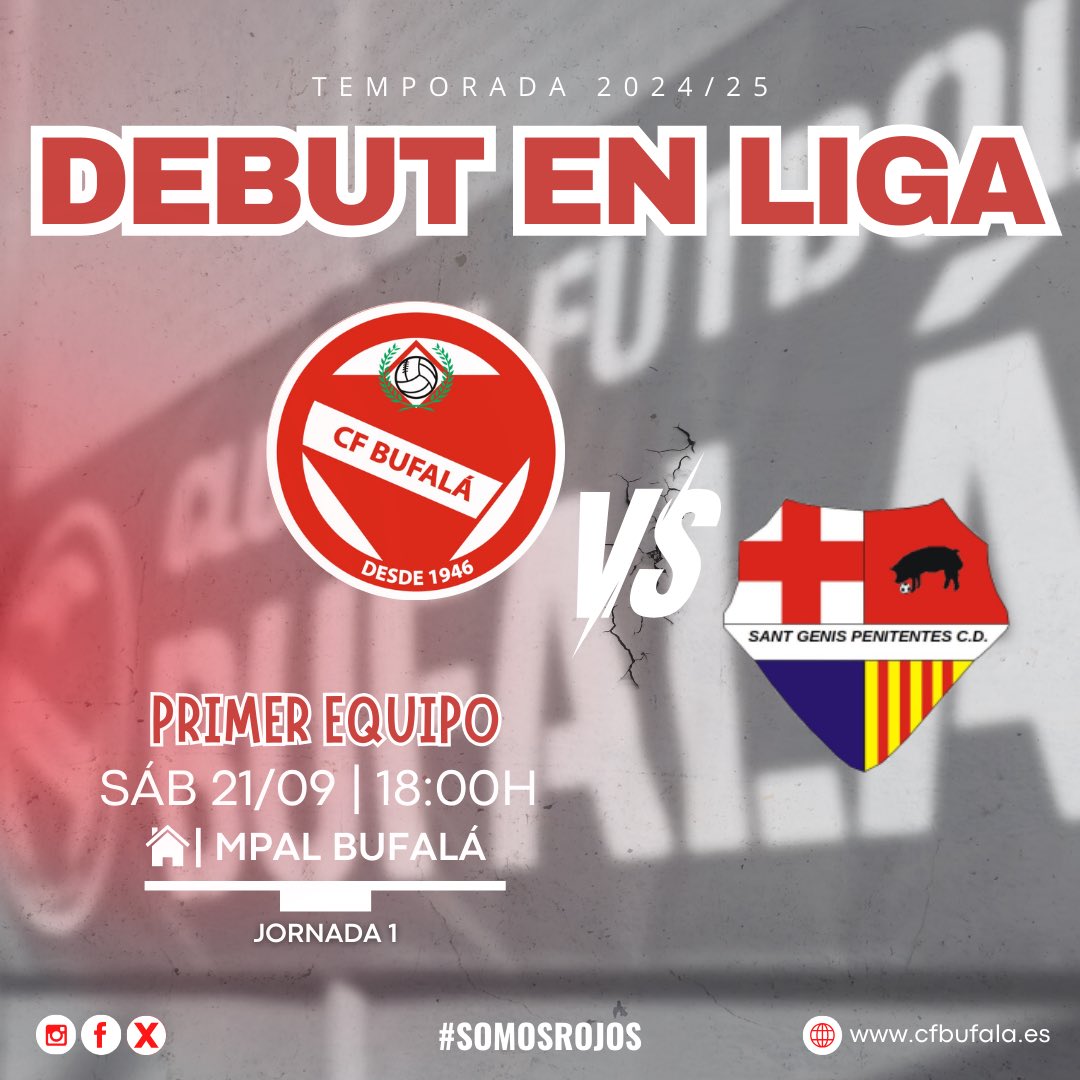 🔜𝐏𝐑𝐈𝐌𝐄𝐑 𝐄𝐐𝐔𝐈𝐏𝐎

¡Inicio de la competición!⚽️
Ha llegado el día, mañana nuestro 𝙋𝙧𝙞𝙢𝙚𝙧 𝙀𝙦𝙪𝙞𝙥𝙤 debutará en liga. 

🗓️ Sábado 21/09
🕥18:00h
📍Mpal Bufalá 

🔴SOMOS ROJOS🔴

#𝘀𝗼𝗺𝗼𝘀𝗿𝗼𝗷𝗼𝘀 #𝗣𝗿𝗶𝗺𝗲𝗿𝗘𝗾𝘂𝗶𝗽𝗼
#𝗰𝗳𝗯𝘂𝗳𝗮𝗹𝗮
