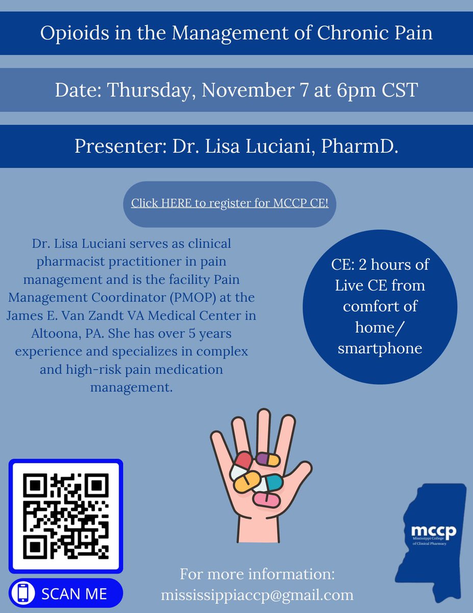 MCCP members! Join us for a free Live Opioid related CE on November 7th at 6pm. All from the comfort of your smart phone or computer. Register for CE below. If not a member, please head to missccp.org/join-mccp-2/ to join.