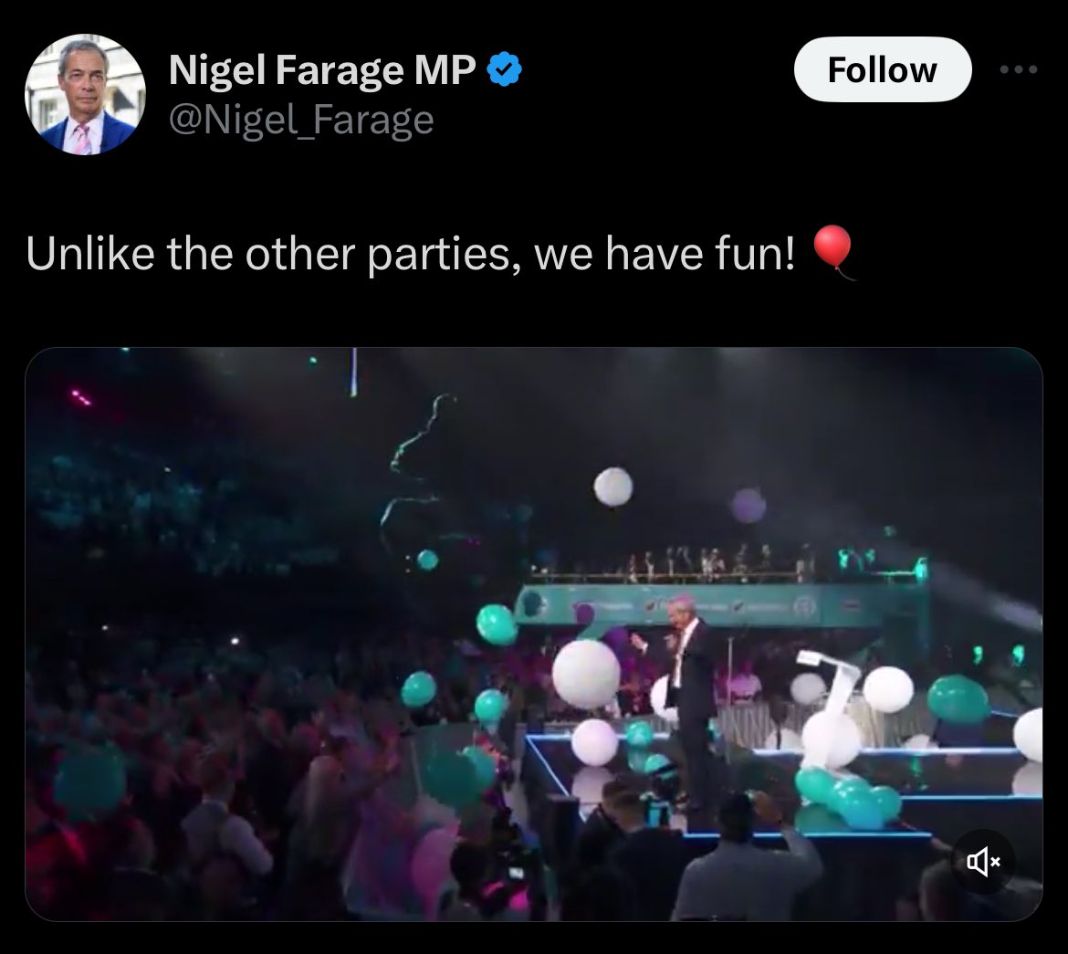 Say what you like about Nigel Farage…

But he knows his audience and how to entertain them

…which it turns out is the same entertainment as a toddler’s birthday party.