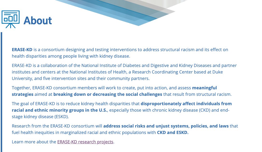Delighted to share the ERASE-KD consortium website that describes the <a href="/NIDDKgov/">NIDDK</a>  and community-partnered research that aims to eliminate structural racism and reduce kidney health disparities! 
Learn more here--erasekd.org
Many incredible partners in this work!
