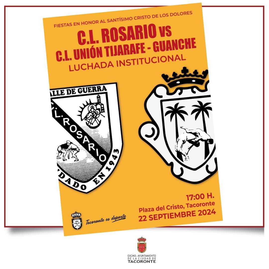 #Luchadainstitucional de las Fiestas del Cristo 2024 de #Tacoronte

🟨 CL Rosario 
🟩 CL Unión Tijarafe Guanche 

🗓️ Domingo 22 
⏱️ 17.00 h
📍 Plaza del Cristo 

¡𝘍𝘦𝘭𝘪𝘤𝘦𝘴 𝘧𝘪𝘦𝘴𝘵𝘢𝘴! 🎉🎈✨

#Luchadadelasfiestas #TacoronteesDeporte #fiestasdelcristotacoronte2024