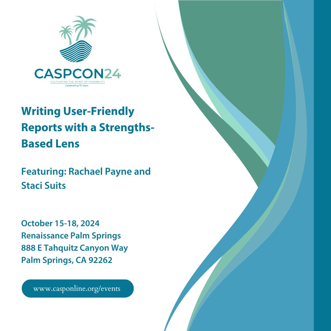 PsychedServices's tweet photo. Join Psyched Services at CASPCON 2024 for our session: Writing User-Friendly Reports with a Strengths-Based Lens! Thursday, October 17 at 9:00 am in Pueblo | W-21.  #caspcon2024 #schoolpsychology #psychedservices #reportwriting #userfriendly #strengthsbased https://t.co/orw4v582TY