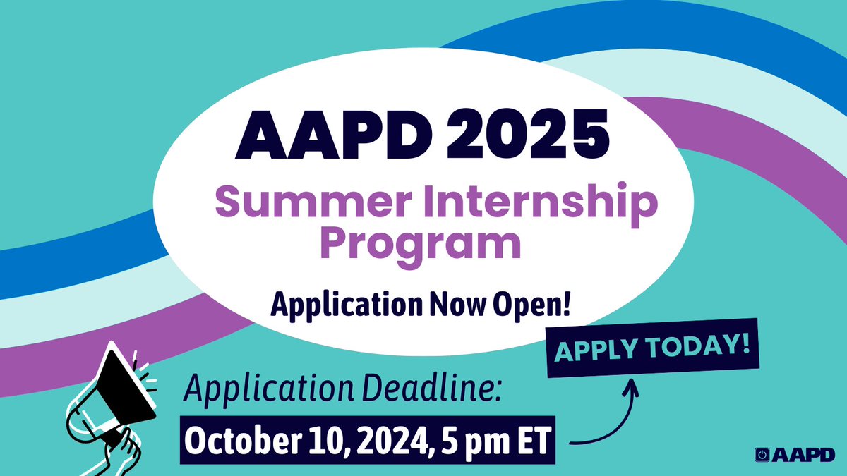 AAPD's tweet photo. AAPDβs 2025 Summer Internship application is now open! Our 10 week paid internship is open to disabled students and recent graduates of a U.S. based school or program. Applications are due by Oct 10! #AAPDintern
π https://t.co/Fa2iN8DE62 https://t.co/L6vlMCscn2