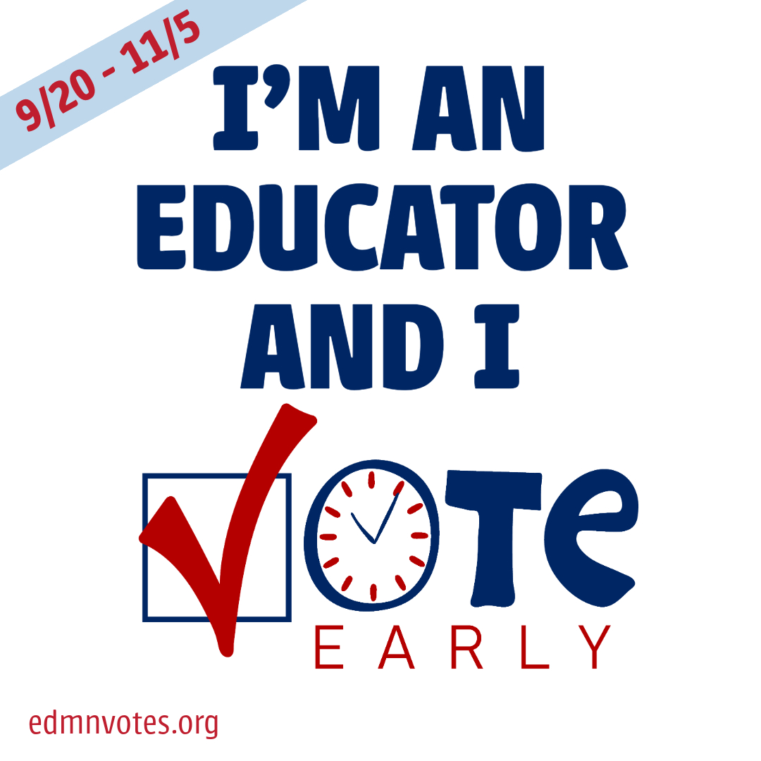 Did you vote today? Because you can, you know.

Early voting opened TODAY in MN -- in-person &amp; by mail. It's never been more important to make your voice heard &amp; be a voter for leaders who will invest in our schools &amp; our profession. edmn.me/guide #mnleg #edmnvotes