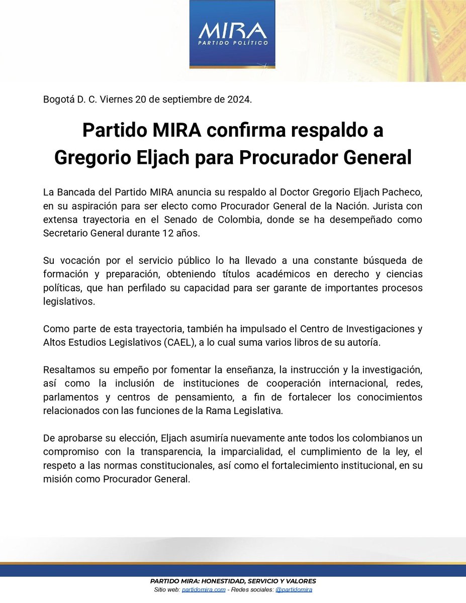 PartidoMIRA's tweet photo. Comunicado:

El @PartidoMIRA confirma su respaldo a Gregorio Eljach Pacheco, en su nominación como Procurador General @PGN_COL. https://t.co/DCkw3HeNds