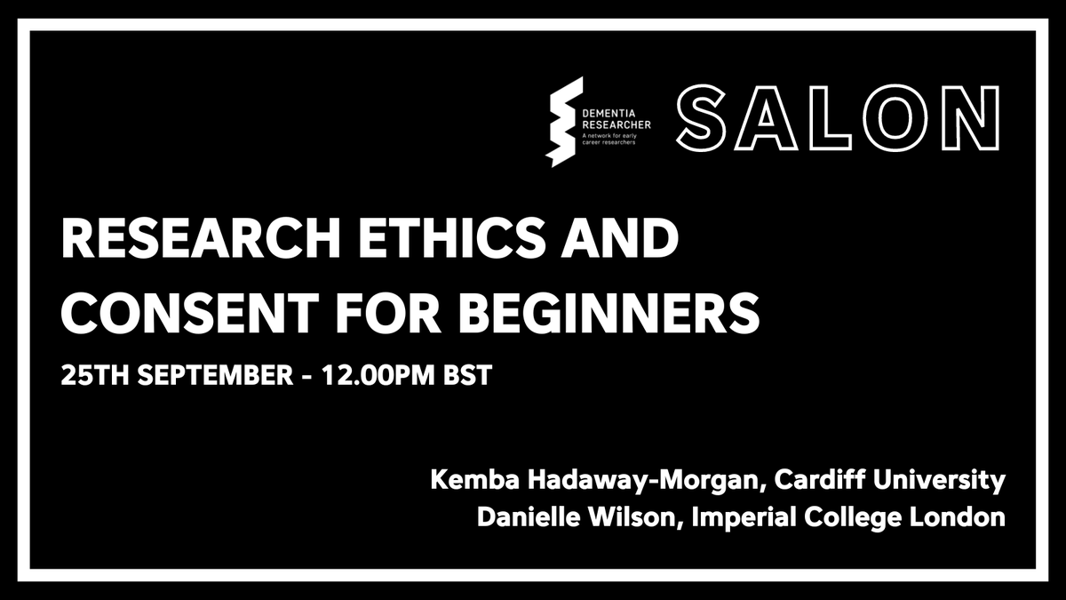 Dementia Researcher (@demrescommunity) on Twitter photo Join us this coming Wednesday 25th September at 8pm BST for our Salon Webinar / Discussion "Research Ethics and Consent for Beginners" with speakers Danielle Wilson <a href="/Daniell19244313/">Danielle Wilson</a> from <a href="/UKDRI/">UK Dementia Research Institute</a> and Kemba Hadaway-Morgan <a href="/KembaHM116621/">Kemba H-M</a>.
Register & RSVP
…unities.dementiaresearcher.nihr.ac.uk/c/events/resea… Join us this coming Wednesday 25th September at 8pm BST for our Salon Webinar / Discussion "Research Ethics and Consent for Beginners" with speakers Danielle Wilson <a href="/Daniell19244313/">Danielle Wilson</a> from <a href="/UKDRI/">UK Dementia Research Institute</a> and Kemba Hadaway-Morgan <a href="/KembaHM116621/">Kemba H-M</a>.
Register & RSVP
…unities.dementiaresearcher.nihr.ac.uk/c/events/resea…