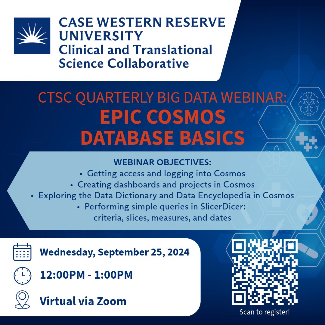 Ashley Hughes (@drashleyh) on Twitter photo Interested in learning more about Epic's Cosmos database basics? Join us for the <a href="/CTSC_NorthernOH/">CTSC of Northern Ohio</a> hosted webinar happening next Wednesday! redcap.uhhospitals.org/redcap/surveys… Advanced registration required #HealthInformatics #ContinuousLearning Interested in learning more about Epic's Cosmos database basics? Join us for the <a href="/CTSC_NorthernOH/">CTSC of Northern Ohio</a> hosted webinar happening next Wednesday! redcap.uhhospitals.org/redcap/surveys… Advanced registration required #HealthInformatics #ContinuousLearning