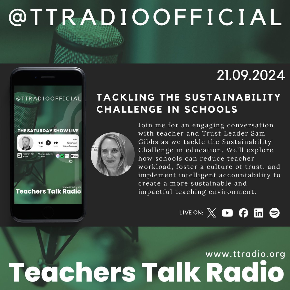 Jamie Clark (@xpateducator) on Twitter photo 📻THE SATURDAY SHOW LIVE! Join me TODAY on
<a href="/TTRadioOfficial/">Teachers Talk Radio</a> for an engaging conversation with teacher and Trust Leader @Sam_LGibbs as we tackle the Sustainability Challenge in education. We will discuss:
🔍 Navigating the Demands of Teaching
🚫 Reducing the ‘Fluffload’
📚 📻THE SATURDAY SHOW LIVE! Join me TODAY on
<a href="/TTRadioOfficial/">Teachers Talk Radio</a> for an engaging conversation with teacher and Trust Leader @Sam_LGibbs as we tackle the Sustainability Challenge in education. We will discuss:
🔍 Navigating the Demands of Teaching
🚫 Reducing the ‘Fluffload’
📚