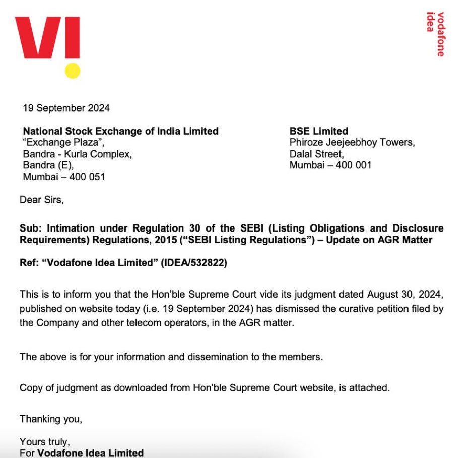 After the Supreme Court’s decision, 
The curative Petition Filled by the Company nd the Other telecom operators in the #AGR Matter. 

Vodafone Idea investors got hit hard by a major shock😱

#vodafoneidea #SupremeCourt #Rajasthan #hamster #GucciSS25xGulf #MFW