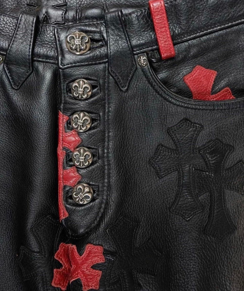 rogue's tweet photo. Chrome Hearts: Cemetery Cross Leather Pants (2004) https://t.co/m9VyKEl826