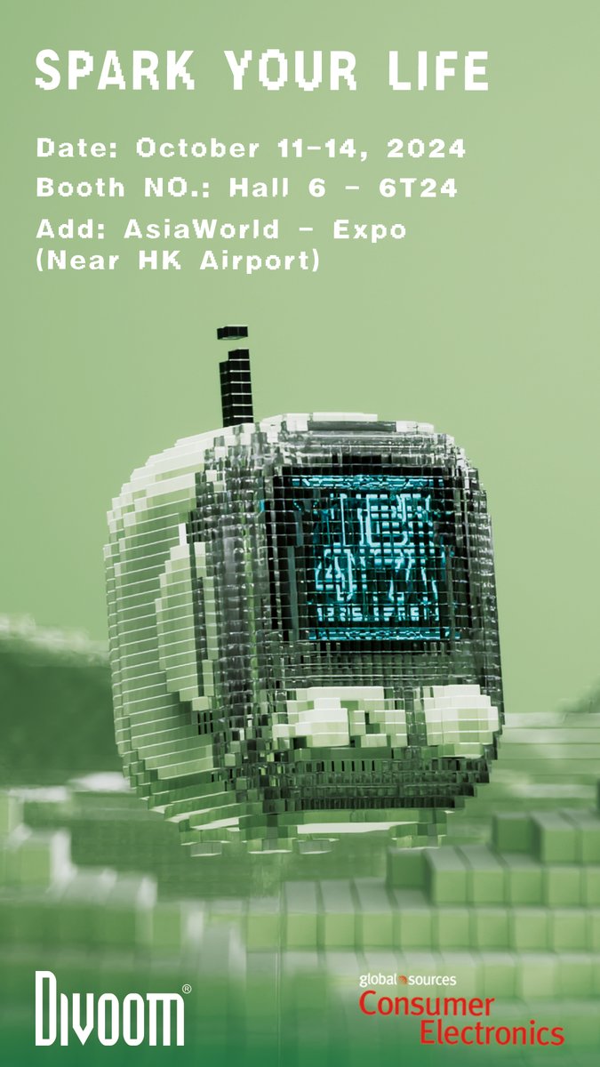 DivoomSEA's tweet image. 🚀 #Divoom is heading to the #GlobalSources Consumer Electronics Exhibition!
📅 October 11-14, 2024
📍 AsiaWorld-Expo, Hall 6 – 6T24
Join us to experience our latest pixel art products and smart living innovations. Spark your life with creativity! ⚡️#PixelArt #TechInnovation