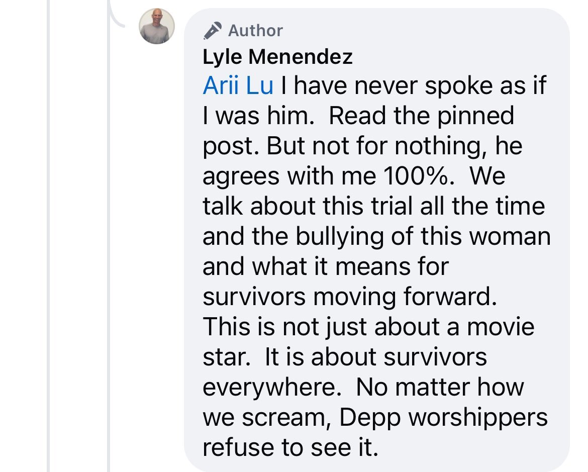 the Menendez brothers were supporting Amber heard while in prison thru the support page run by Lyle's wife, they saw thru the lies &amp; understood that she was a victim defending herself like they were &amp; was vilified, the Menendez brothers truly do not deserve the retraumatization
