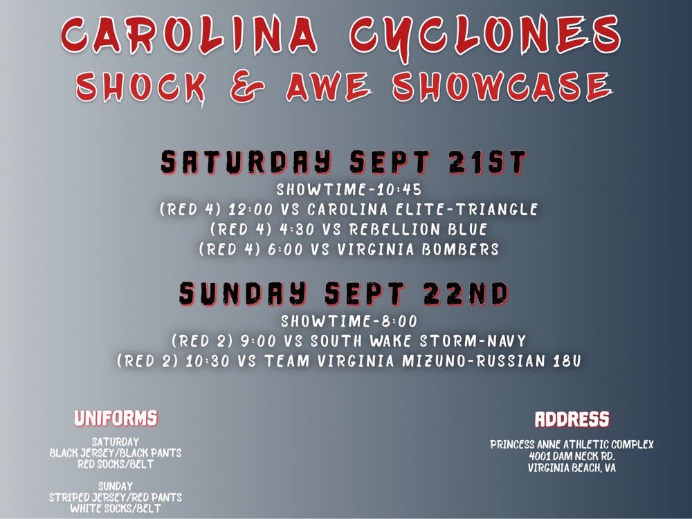 So excited for the TierOne Shock &amp; Awe tournament in VA beach this weekend! Come out and watch us play!! <a href="/MegPlesko9/">Megan Pleskovic</a> <a href="/coachmere_16/">Meredith Mills</a> <a href="/Coach_M_Booth/">Meredith Booth</a> <a href="/ChowanSoftball/">Chowan University Softball</a> <a href="/joewhit77649469/">Carolina Cyclones Showcase (18u)-Joe White</a> <a href="/cyclones2627/">CarolinaCyclones2627</a>