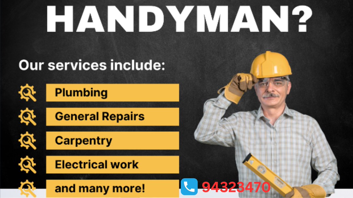 LocalHandyman8's tweet image. 🛠️ Need a Handyman? 
Why choose us?
✅ Skilled professionals 
✅ Affordable rates 
✅ Quick and efficient service 
✅ No job too big or small
#handyman #handymanservices #handymanservicessingapore #handymansingapore #localhandyman #handymansg #handymannearme