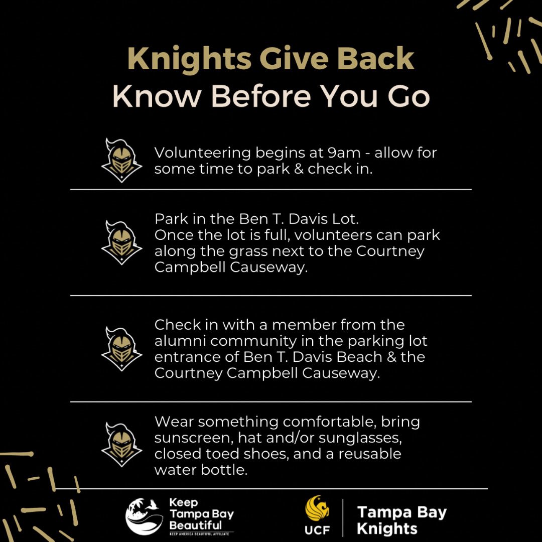 Knights Give Back is Tomorrow! We’re looking forward to seeing the Tampa Bay Knights come together to Keep Tampa Bay Beautiful ✨

We’ll be providing snacks and drinks, and can sign off on volunteer hours! All ages welcome! 

⚡️🔛