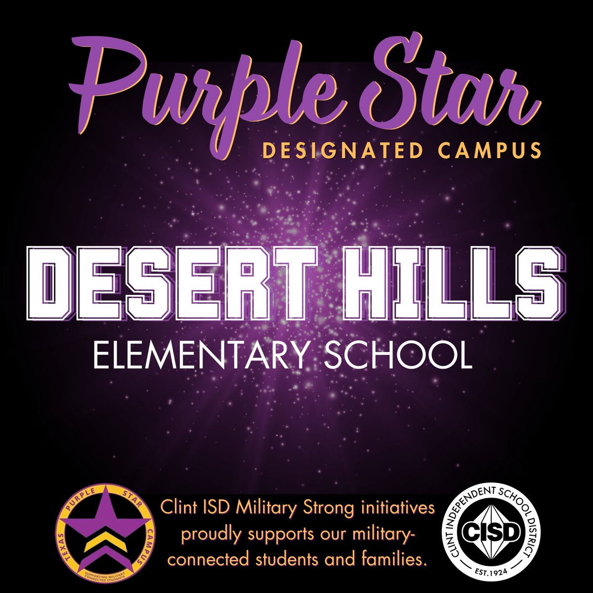 Clint ISD (@clintisd) on Twitter photo Congratulation to <a href="/DHE_Bobcats/">Desert Hills Elementary</a> for becoming our 10th TEA Purple Star designated campus. We are committed to serving our military communities!
#WeAreClintISD
#YouMakeUsClint
#MilitaryStrongCISD Congratulation to <a href="/DHE_Bobcats/">Desert Hills Elementary</a> for becoming our 10th TEA Purple Star designated campus. We are committed to serving our military communities!
#WeAreClintISD
#YouMakeUsClint
#MilitaryStrongCISD