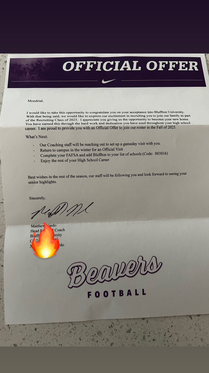 After a talk with <a href="/CoachMNardo/">Matt Nardo</a> I would to say thank to him and <a href="/BlufftonF/">Bluffton Football</a> for my first official offer