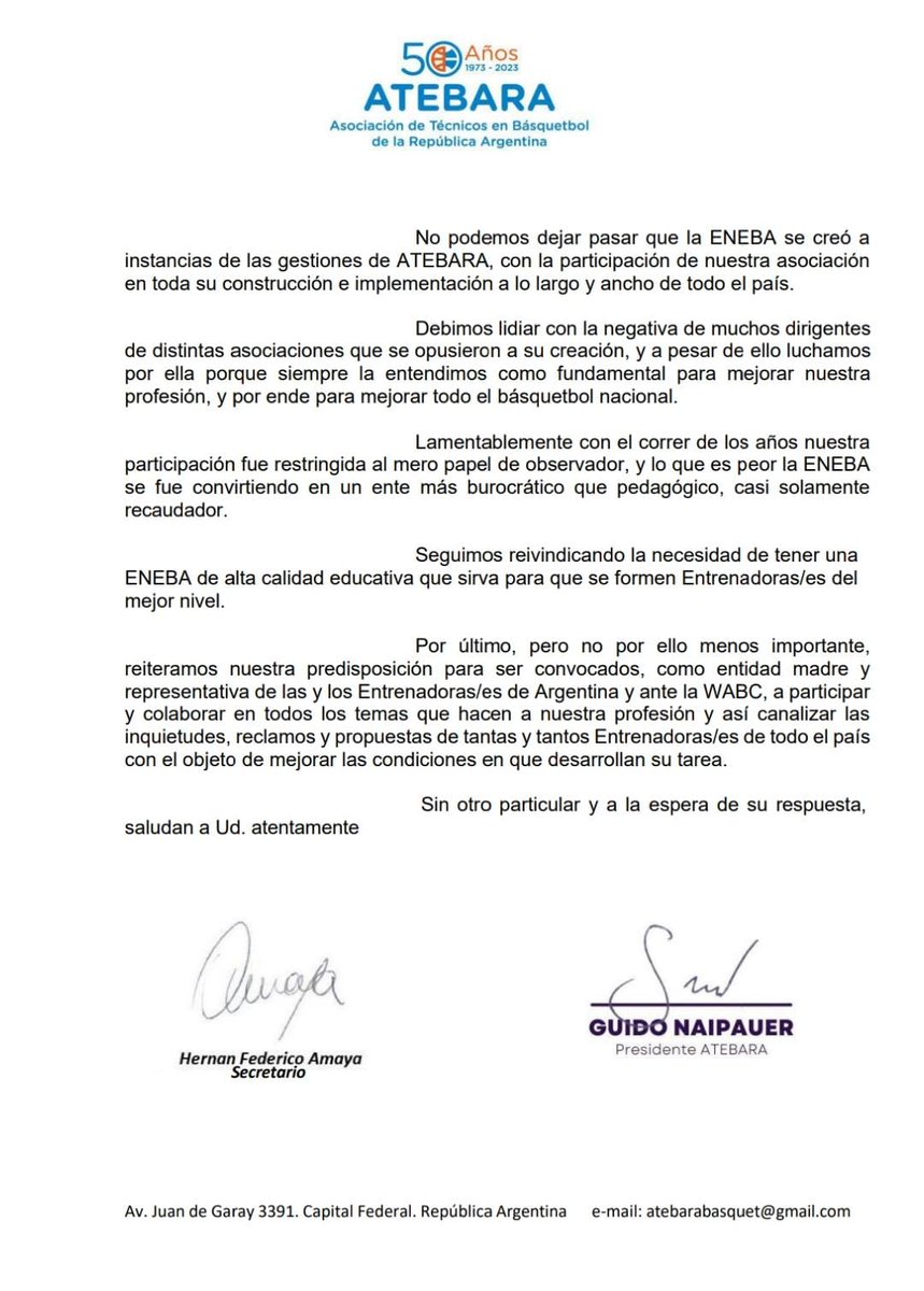 En virtud de los mensajes recibidos de colegas de diferentes filiales de todo el país, ATEBARA preocupada por los intereses de todxs lxs Entrenadorxs de Argentina, tiene la necesidad de expresarse respecto a la Reválida ENEBA, por lo que  ha entregado a la CAB la siguiente nota