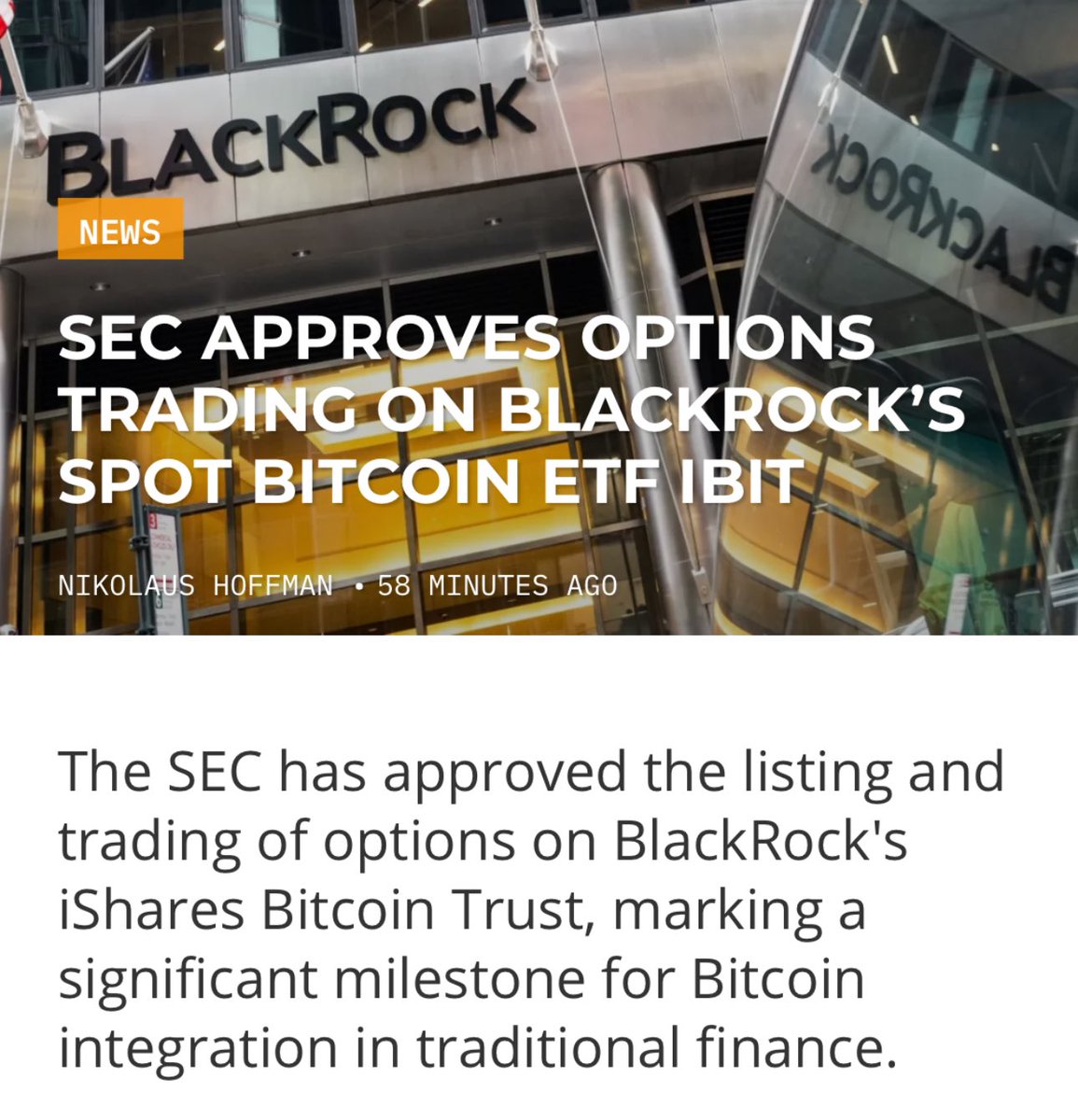 The <a href="/SECGov/">U.S. Securities and Exchange Commission</a> approved Options trading on <a href="/BlackRock/">BlackRock</a> ’s IBIT #Bitcoin ETF! We can now expect more institutional adoption and mainstream acceptance within traditional finance! Let’s gooooo!!! 🚀 
#blackrock #IBIT #OptionsTrading #BitcoinETF